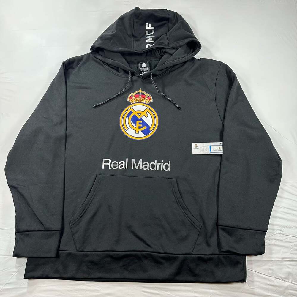 Real Madrid C.F. Mens Black Pullover Hoodie With Crest And Back Graphics XL